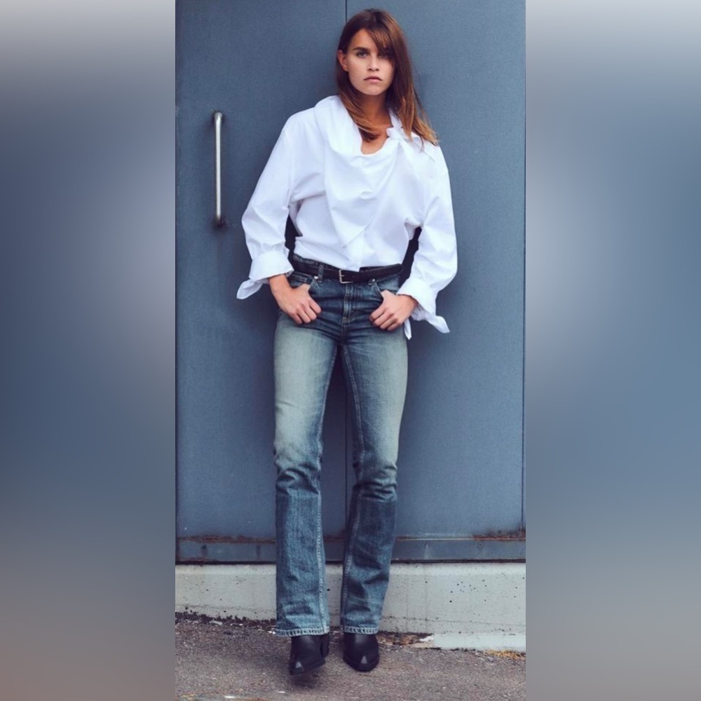 ZARA Sz 14 Jeans High Rise Bootcut Mid-Wash 100% Cotton Slight Distressing NEW
